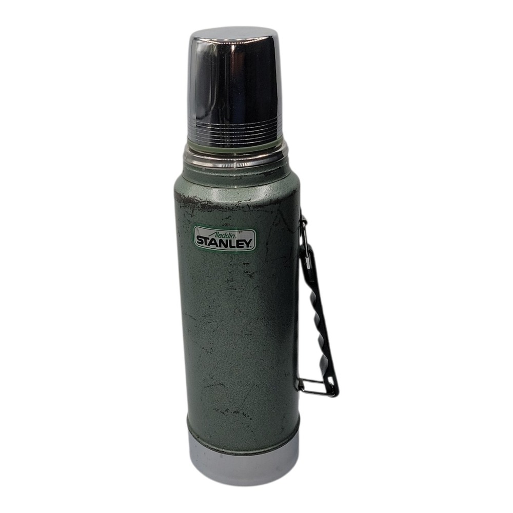 Vintage Aladdin Stanley Green Thermos 1 QT Vacuum Bottle w/ Cup Stopper Handle